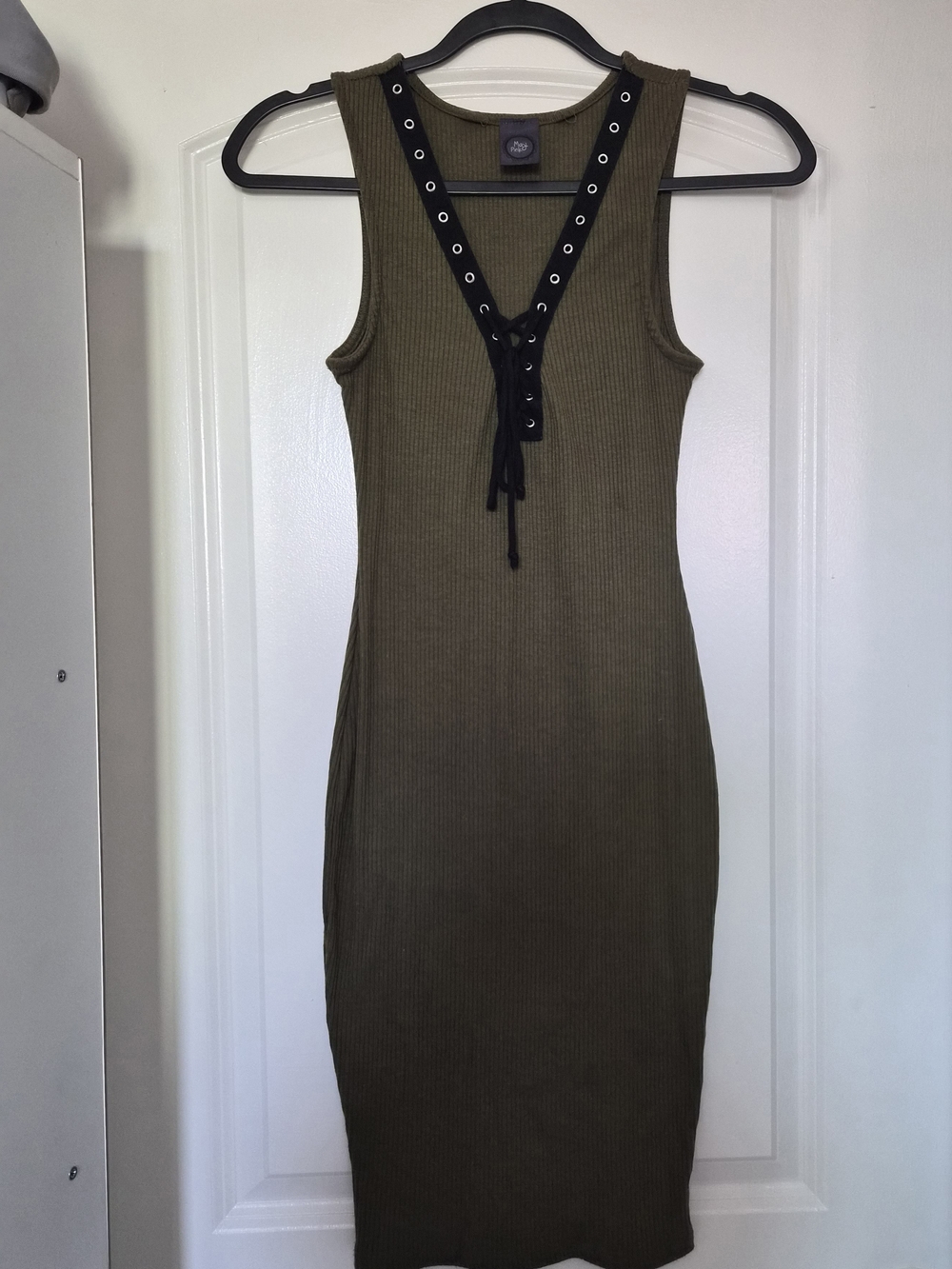 Sleeveless Olive Green Lace-Up Ribbed Dress Stretch Bodycon Summer Mini Chic